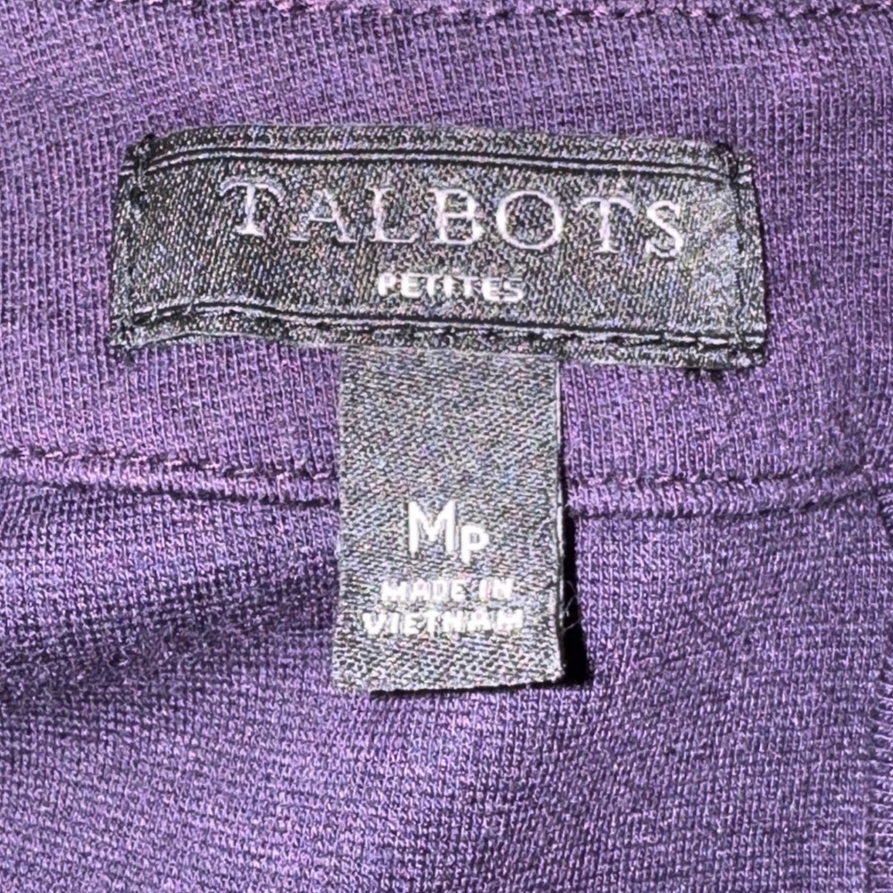 Talbots Petites Purple Peplum Top Short Sleeve Knit Gold Back Zip MP - Picture 5 of 7